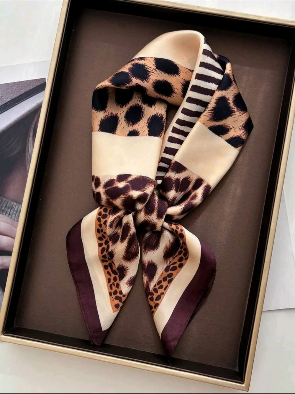 Leopard & Zebra Print Square Scarf - Brown/Cream 26.8